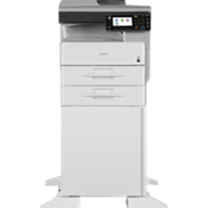 Ricoh Aficio MP 301SPF on a stand.  Generates up to 31 pages per minute. The tiltable, 4.3″ color touch-panel display makes for easy interface. Short recovery time of less than 10 seconds from Sleep Mode. High speed duplexing ability and enhanced first copy out time.