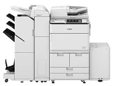 Canon imageRUNNER Advance 6575i (shown with sorter) prints up to 75 ppm in black and white. A single-pass, duplexing document feeder that holds up to 300 originals, scan up to 240/220 IPM. Authentication with Universal Login Manager (ULM). Motion sensor sleep mode. Produces consistently striking black-and-white tones at up to 1200-dpi resolution. Standard Genuine Adobe-PostScript and PCL support.